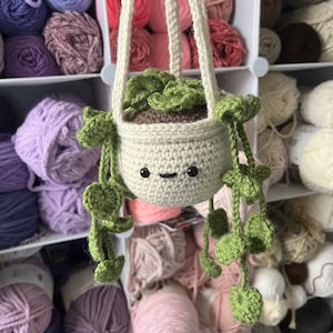 16&quot; Crochet String of Hearts Hanging Plant in Ecru Pot - Handmade Heart Decoration - Boho Wall Decor - Valentine&#39;s Day Gift - Home Decor