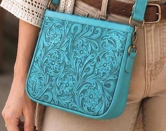 Hand Tooled Leather Crossbody Bag, Western Purse for Women, Genuine Floral Leather Sling, Cowgirl Boho Shoulder Bag, Handmade Gift
