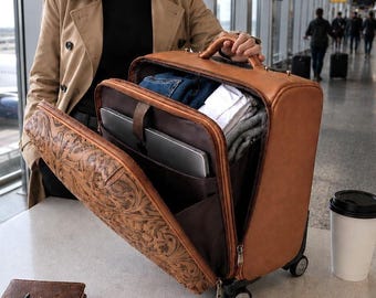 Tooled Laptop suitcase western Trolley, Cabin Luggage With Wheels, Tan Turquoise Leather Travel bag for women, Western Luxurious Bestseller