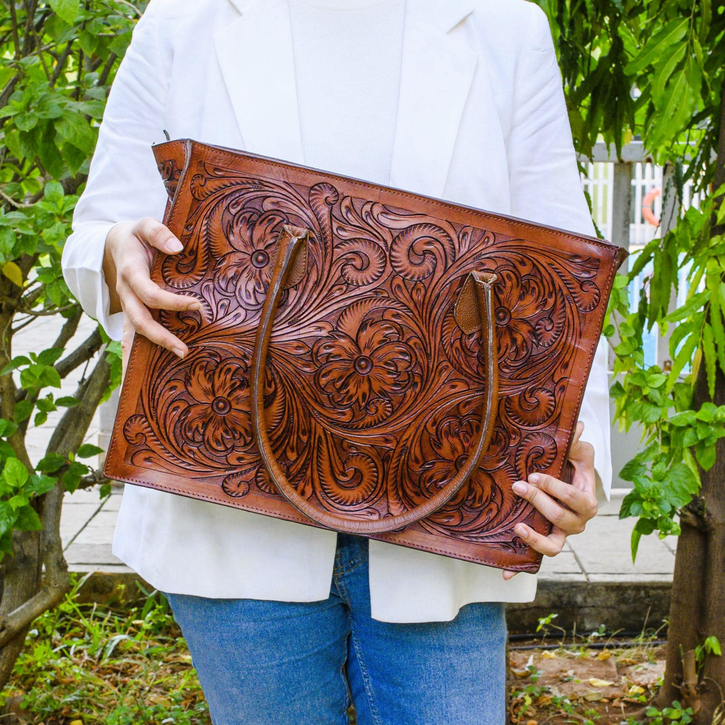 Hand Tooled Floral Brown Western Purse Hand Carved Leather