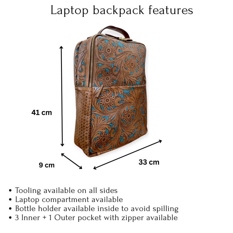 May include: A brown and turquoise laptop backpack with floral tooling, measuring 41 cm in height, 33 cm in width, and 9 cm in depth. It features a top handle, a front zippered pocket, and side panels with a woven texture. Text reads: Laptop backpack features.