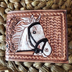 Tooled leather men's wallet, Horse wallet, Bike wallet, American eagle wallet, Hand carved cowboy wallet, gift for him