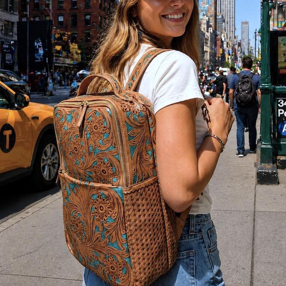 Tooled Laptop Premium Leather backpack, Western backpack