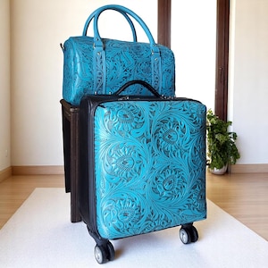 Hand Tooled Leather Rolling Cabin Trolley: Turquoise Western Luggage