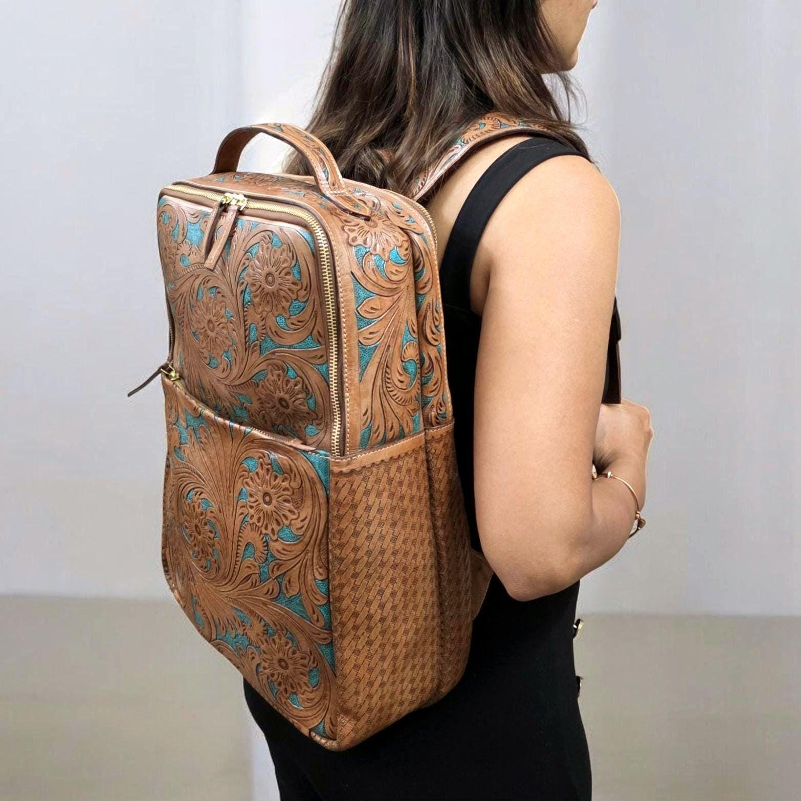 NEW Brown Floral Vegan Leather Backpack with Coin Pouch attached by Gold Chain WG116-003 Wrangler Floral Tooled Circular Coin Pouch Bag  main image 2