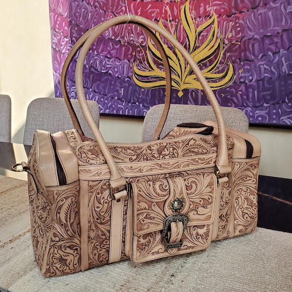 Western Tooled Tan Leather Large Weekender, Travel Carved Leather Bag for Women, Hand tooled Bag, Tan Duffel Weekender