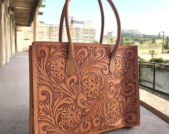 Tooled Tan Brown Geldbörse, Floral Tan Tasche, Western Echtleder handgefertigte Laptop Tasche mit Blumen