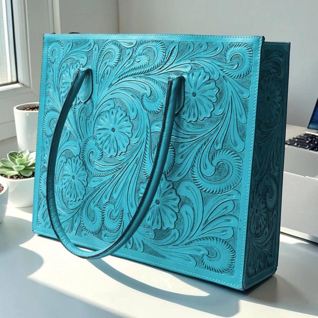 Hand Tooled Turquoise Bag Floral Western Brown Purse Turquoise