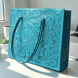 Hand Tooled Turquoise Bag Floral Western Brown Purse Turquoise Carved Leather Artesanal Tote Tooled Cowgirl Shoulder Laptop Bag