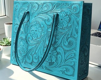 Hand Tooled Turquoise Bag Floral Western Brown Purse Turquoise Carved Leather Artesanal Tote Tooled Cowgirl Shoulder Laptop Bag