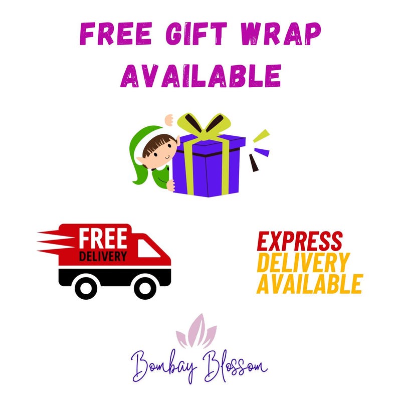 May include: Image with text that says "FREE GIFT WRAP AVAILABLE". There is an illustration of a gift box, a delivery truck with "FREE DELIVERY" text, and text that says "EXPRESS DELIVERY AVAILABLE". The Bombay Blossom logo is at the bottom.