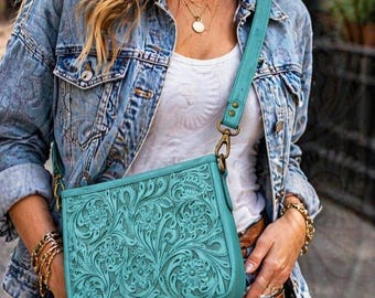 Punzierte Crossbody Western Sling , Leder Türkisfarben Southwestern Reisetasche