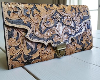 Tooled Leather Western Clutch Bag, Handmade Floral Leather Purse, Cowboy Cowgirl Clutch, Artisan Hand Tooled Wallet Bag, Boho Western Clutch