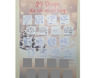 Advent calendar 24 things I like about you, blank, bright, A3 high, with scratch sticker