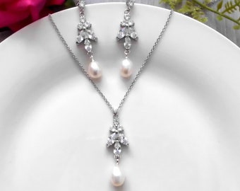 Cubic zirconia natural freshwater pearl drop wedding evening bridal necklace & earrings set bridesmaid silver marquise cut