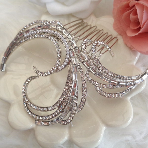 Wedding bridal hair comb silver bridesmaid with white pearls Art Deco vintage style swirl design