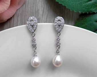 Cubic zirconia & white freshwater pearl drop wedding evening bridal earrings vintage style silver colour platinum plated hand made