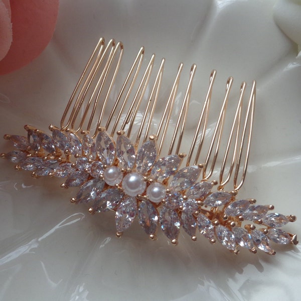 Cubic zirconia wedding bridal wire hair comb champagne yellow gold with faux white pearls bridesmaid marquise and round cut stones