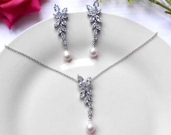 Cubic zirconia natural freshwater pearl drop wedding evening bridal necklace & earrings set bridesmaid silver marquise cut