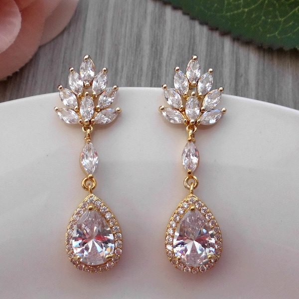 Long drop cubic zirconia wedding evening bridal earrings yellow champagne gold special occasion tear marquise cut