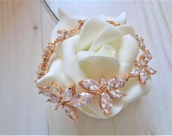 Sparkling cubic zirconia wedding bridal bracelet flower marquise cut crystals champagne yellow gold 17cm