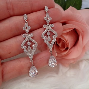 Long cubic zirconia drop vintage style wedding evening bridal earrings silver colour platinum plated unique tear drop design