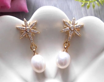 Star shape freshwater white pearl cubic zirconia stud earrings gold colour starburst