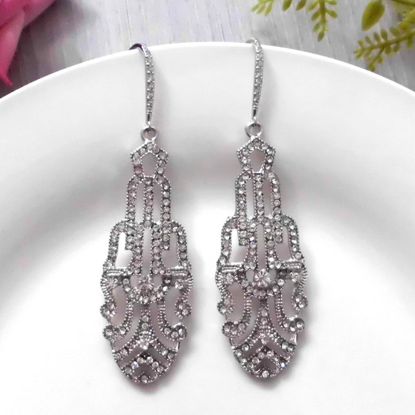 Art Deco large drop wedding evening bridal cocktail earrings silver colour fishhook style great Gatsby