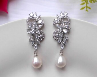 Freshwater pearl & cubic zirconia long slim drop round wedding bridal cocktail earrings silver colour platinum plated top tear drop design