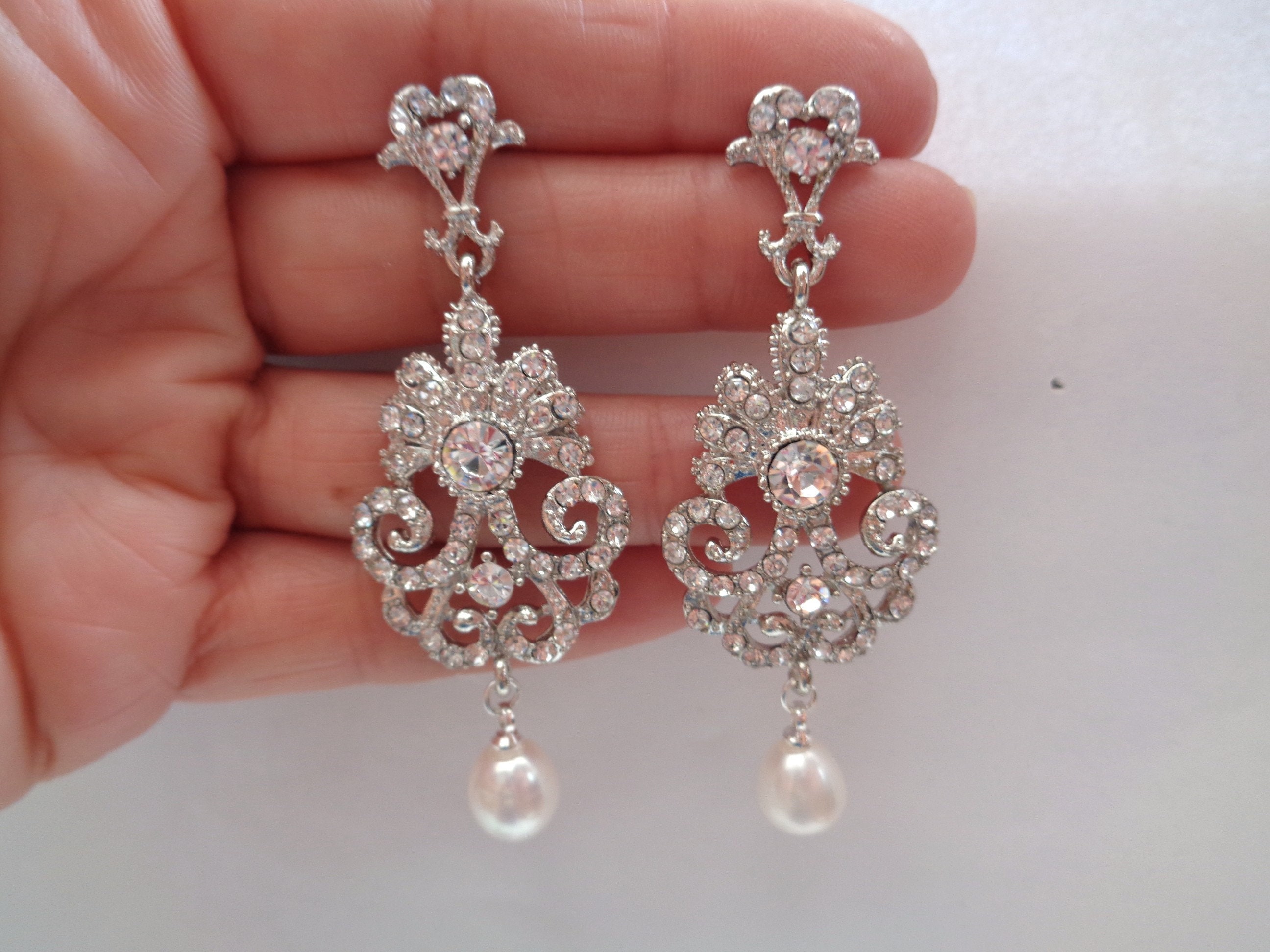 Stunning Pearl Crystal Diamante Cluster Stud Bridal Wedding Evening Earrings 