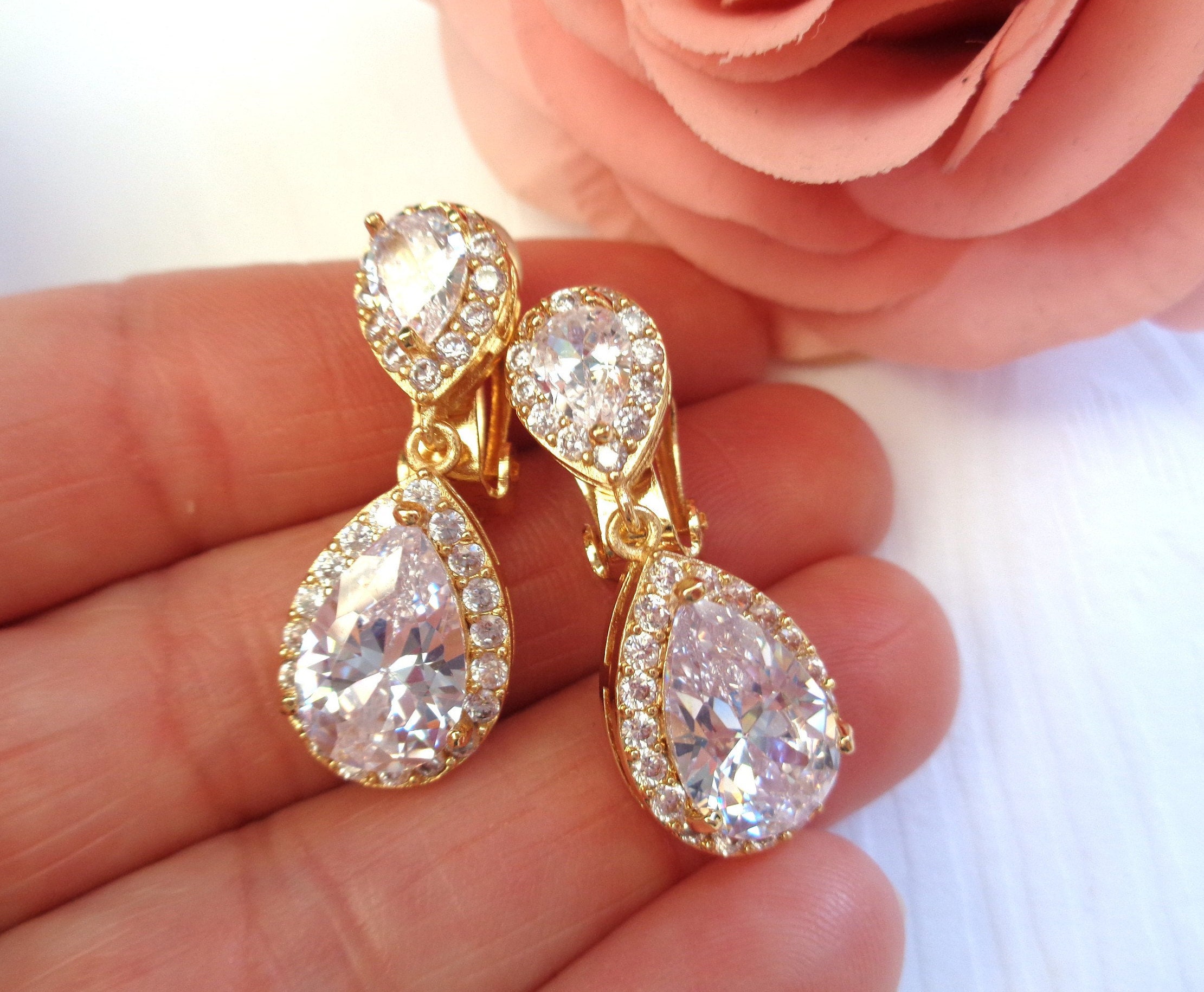Gold Salina CZ Teardrop Bridal Earrings - Little White Couture