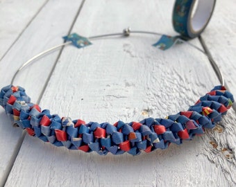 Red and blue choker necklace made of paper