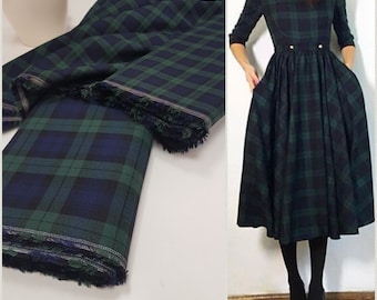Tartan check/ checkered fabric/ navy green tartan fabric/ by fabric/ tartan for trousers/tartan for vintage dress/