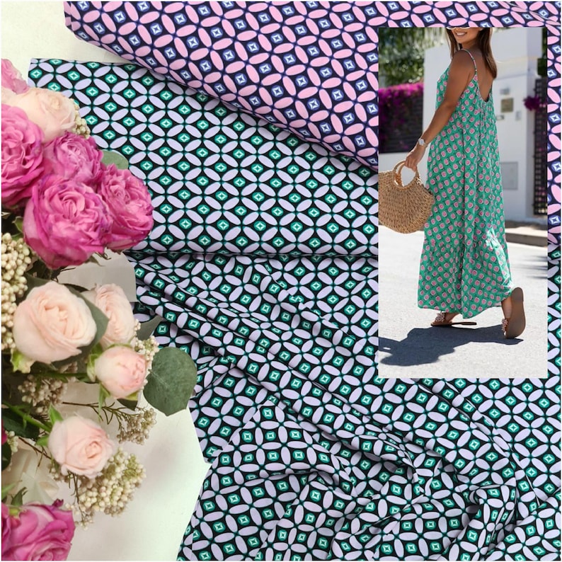 May include: A close-up of a green and white fabric with a geometric pattern. The fabric is folded and draped over a bouquet of pink roses. The fabric is also shown on a woman wearing a maxi dress.