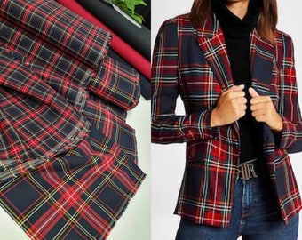 Scottish check fabric/checkere fabric for trousers/for blazer/By fabric/bib check 5 x 5cm/small check 2x2cm/Tartan fabric/Marine red colour