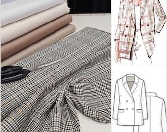 Fabric for sewing skirt/ Checkered fabric/ by fabric/ camel colour and black colour in check/ fabric for trousers