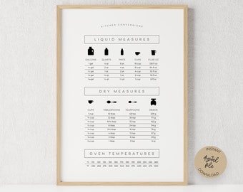 Kitchen Conversion Chart, Printable Wall Art, Cooking Measurement Guide, Instant Download, Digital File