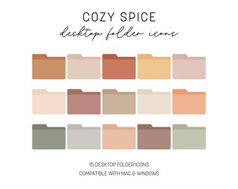 May include: A graphic featuring 15 desktop folder icons in various neutral colors, including beige, terracotta, and sage green. The text "COZY SPICE desktop folder icons" is at the top, with "15 DESKTOP FOLDER ICONS COMPATIBLE WITH MAC & WINDOWS" at the bottom.