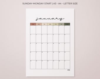 2026 Printable Monthly Calendar - Portrait (PDF Download) - A3/A4/Letter Sizes