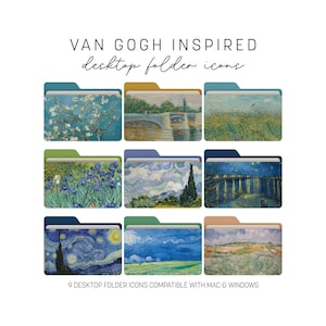 May include: Nine desktop folder icons featuring Van Gogh-inspired artwork. Each folder has a different painting, including "Starry Night" and "Irises." The folders are compatible with Mac and Windows. Text on the image reads "VAN GOGH INSPIRED desktop folder icons."