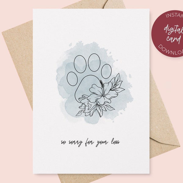 Pet Sympathy Card, Printable Card, Pet Loss Card, Dog Memorial, Cat Memorial, Digital Download