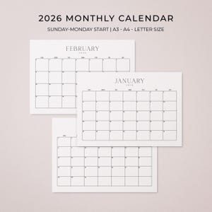 May include: A minimalist 2026 monthly calendar design. The image shows three white paper calendars with a grid layout. The calendars are labeled with the months of January and February. The text "2026 MONTHLY CALENDAR" and other details are at the top.