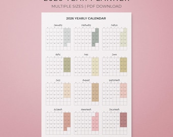 2026 Yearly Planner, Printable Year at a Glance Wall Calendar, Instant PDF Download