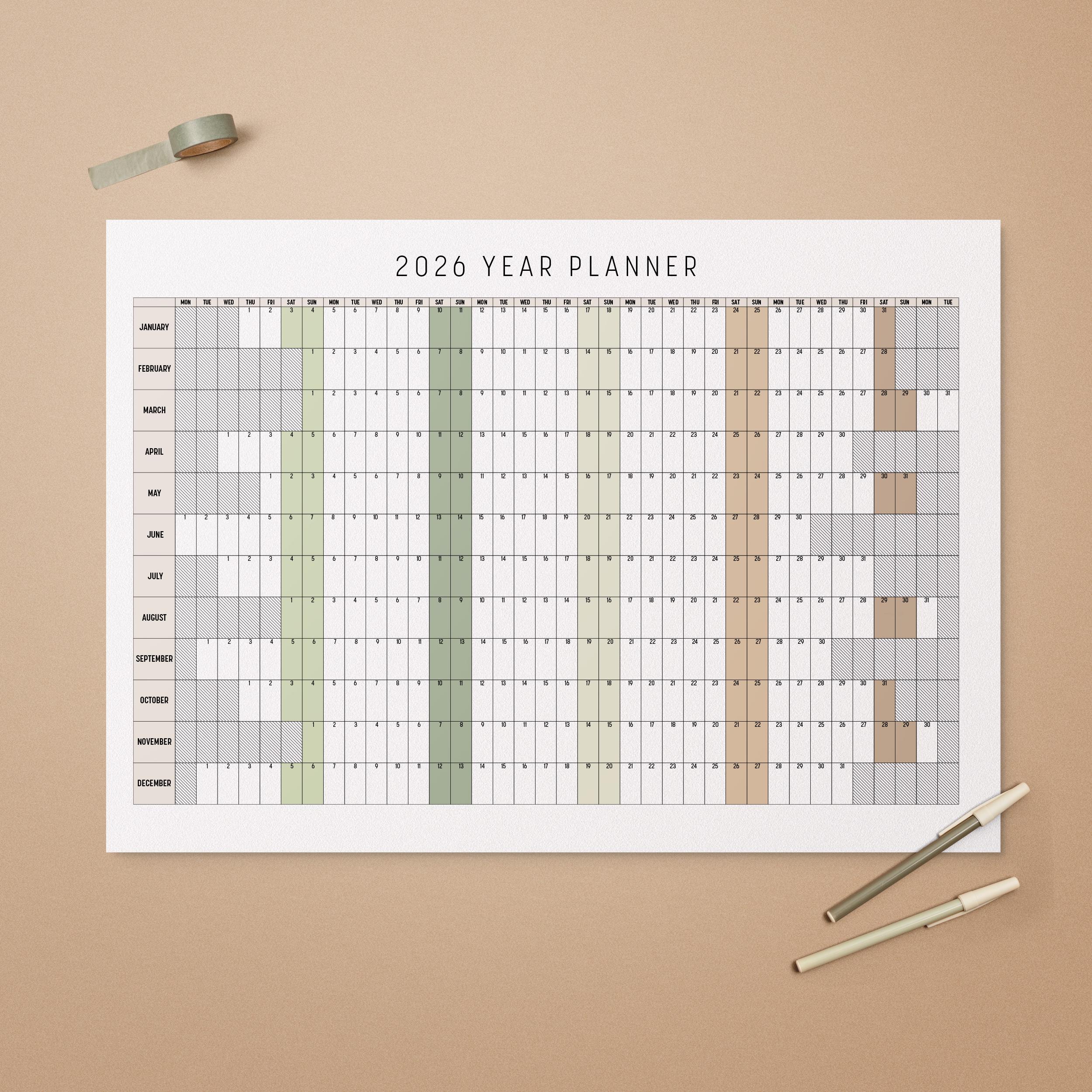 2026 Year Planner, Printable Year at a Glance Wall Calendar, Instant