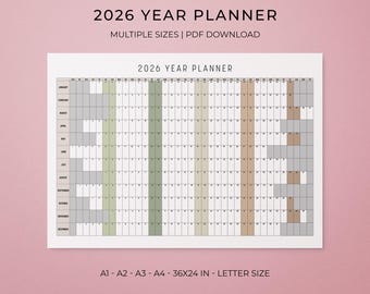 2026 Year Planner, Printable Year at a Glance Wall Calendar, Instant PDF Download
