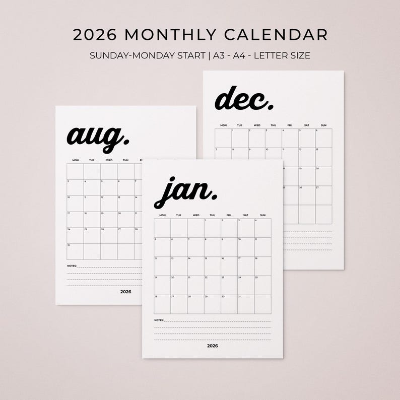 2026 Printable Monthly Calendar – Portrait (PDF Download) - A3/a4