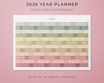 2026 Year Horizontal Wall Planner, Printable Full Year Calendar, Instant PDF Download