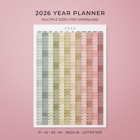 2026 Printable Wall Calendar, Year-at-a-Glance, Vertical Flow Layout, Portrait Annual Planner (PDF)