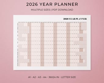 2026 Printable Year at a Glance Wall Calendar, Instant PDF Download