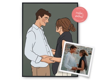 Custom Cute Couple Portrait, Personalized Anniversary Gift, Minimalist Cartoon Portrait Printable Art, Two Person Drawing